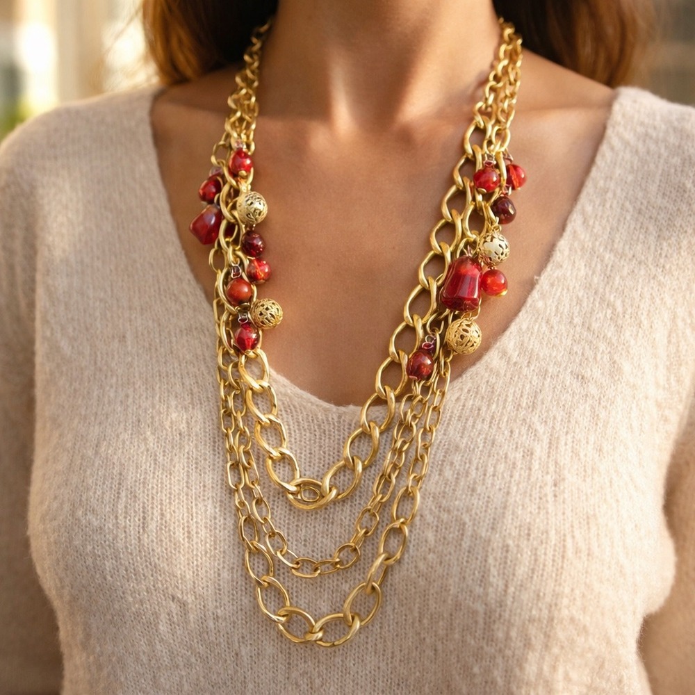 Necklace Gold Tone Multi Strand Red Bead Filigree Bauble Chunky Statement Link
